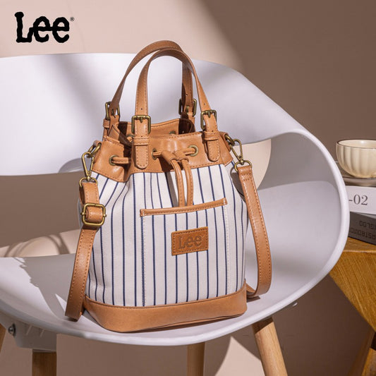 LEE Striped Denim Canvas Drawstring Bucket Bag Convertible Backpack