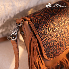Montana West Genuine Leather Tooled Fringe Crossbody