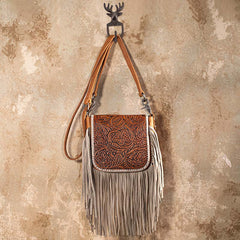 Montana West Genuine Leather Tooled Collection Fringe Crossbody