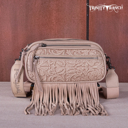 TR165-198 Trinity Ranch Floral Tooled Triple Zippered Pocket Fringe Belt Bag