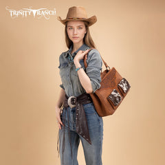 Trinity Ranch Genuine Hair-On Cowhide Tooled Collection Concealed Carry Tote