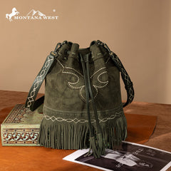 Montana West Boot Stitch Fringe Drawstring Crossbody Bag