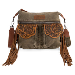 WG103-2009S Wrangler Fringe Floral Tooled Denim Crossbody - Olive