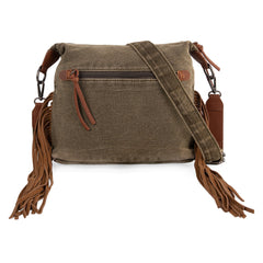 WG103-2009S Wrangler Fringe Floral Tooled Denim Crossbody - Olive