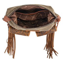WG103-2009S Wrangler Fringe Floral Tooled Denim Crossbody - Olive