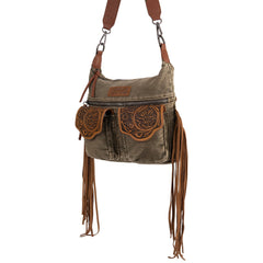 WG103-2009S Wrangler Fringe Floral Tooled Denim Crossbody - Olive