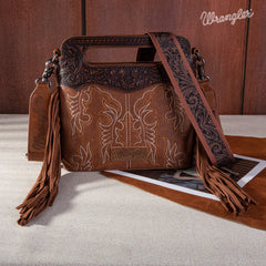 WG110-2022 Wrangler Top Handle Embroidered Fringe Mini Tote/Crossbody - Brown