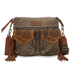 WG103-2009S Wrangler Fringe Floral Tooled Denim Crossbody - Olive