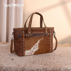 Trinity Ranch Genuine Hair-On Cowhide Tooled Tote Bag