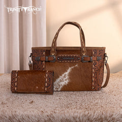 Trinity Ranch Genuine Hair-On Cowhide Tooled Tote Bag