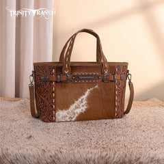 Trinity Ranch Genuine Hair-On Cowhide Tooled Tote Bag