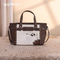 Trinity Ranch Genuine Hair-On Cowhide Tooled Tote Bag