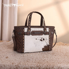 Trinity Ranch Genuine Hair-On Cowhide Tooled Tote Bag