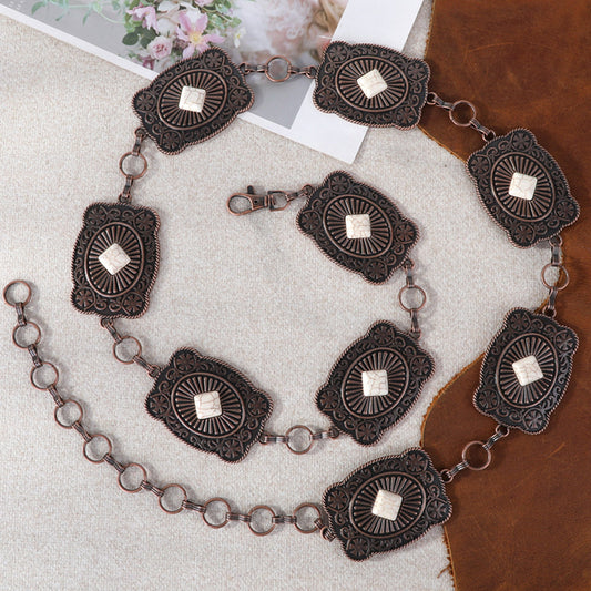 Rustic Couture Etched Square Stone Centered Concho Link Chain Belt - Cowgirl Wear