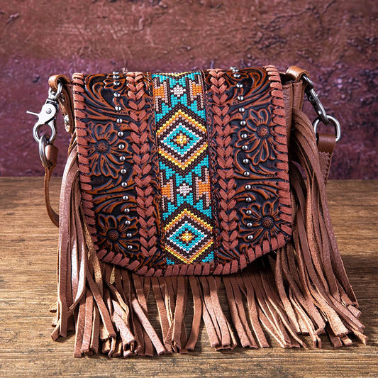 Montana West Genuine Leather Tooled Collection Fringe Crossbody
