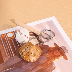 Mini Baseball Keychain with Wooden Bat