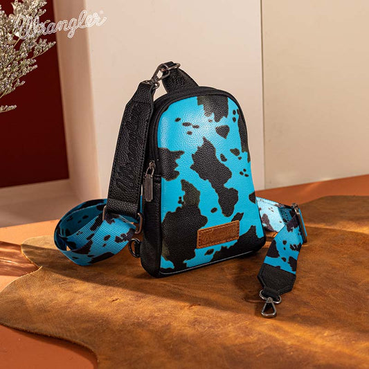 WG133-210  Wrangler Cow  Print Crossbody Sling Chest Bag  - TURQUOIES