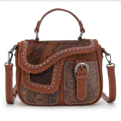 Trinity Ranch Hair-On Cowhide Saddle Shape Crossbody Satchel