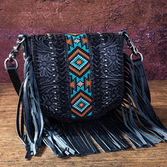 Montana West Genuine Leather Tooled Collection Fringe Crossbody