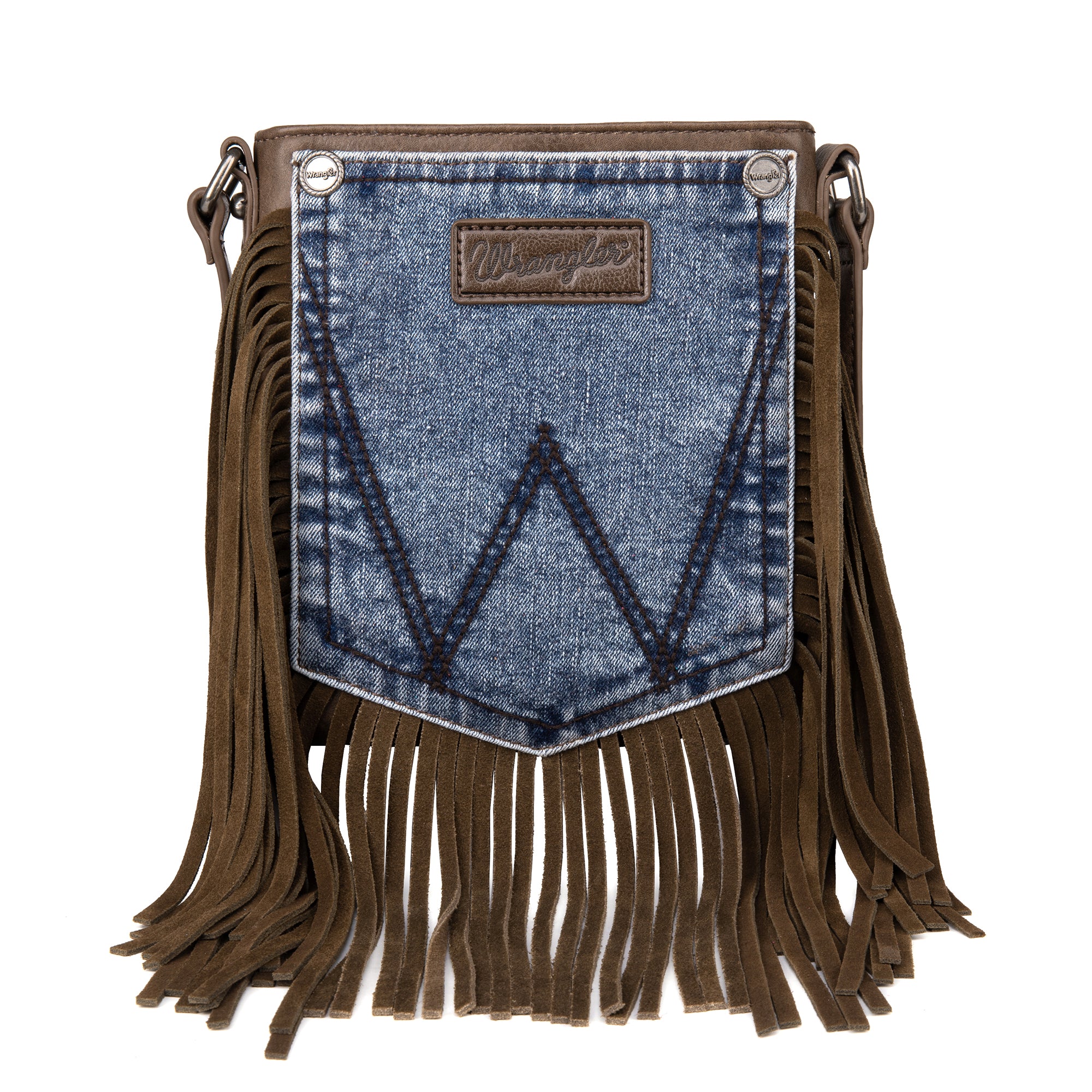 Wrangler Leather Fringe Jean Denim Pocket Crossbody - Cowgirl Wear
