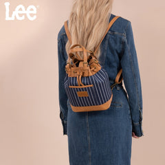 LEE Striped Denim Canvas Drawstring Bucket Bag Convertible Backpack