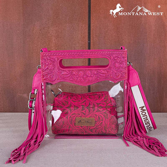 Montana West Top Handle Clear Fringe Crossbody Set