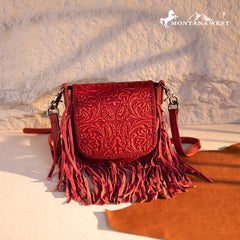 Montana West Genuine Leather Tooled Fringe Crossbody