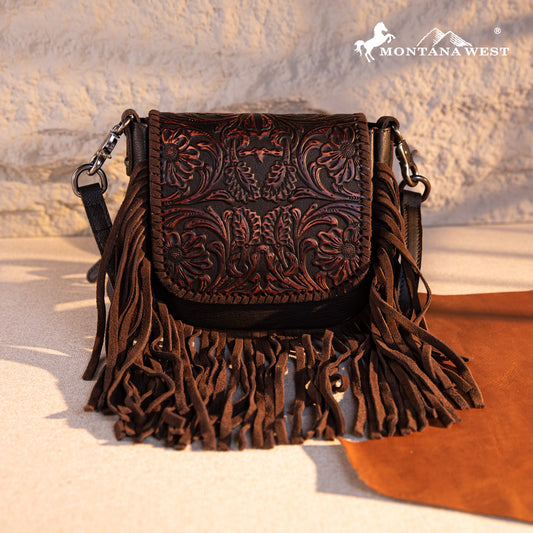 Montana West Genuine Leather Tooled Fringe Crossbody