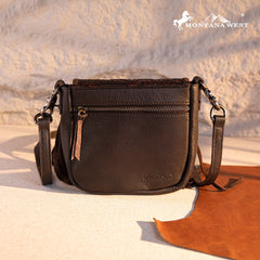 Montana West Genuine Leather Tooled Fringe Crossbody