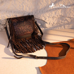 Montana West Genuine Leather Tooled Fringe Crossbody