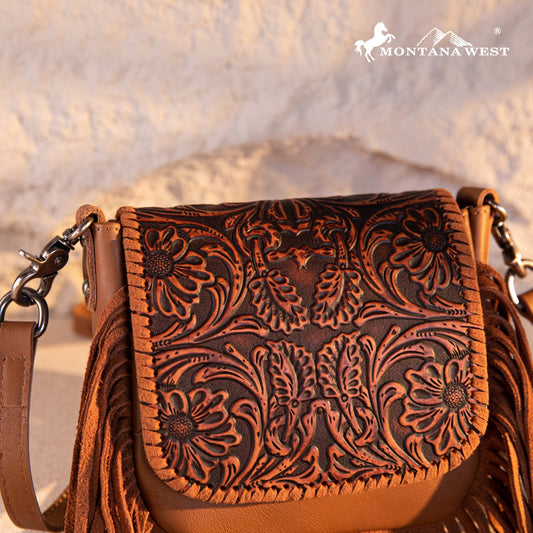 Montana West Genuine Leather Tooled Fringe Crossbody