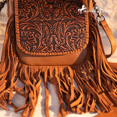 Montana West Genuine Leather Tooled Fringe Crossbody