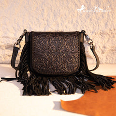Montana West Genuine Leather Tooled Fringe Crossbody
