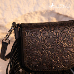 Montana West Genuine Leather Tooled Fringe Crossbody