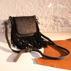 Montana West Genuine Leather Tooled Fringe Crossbody
