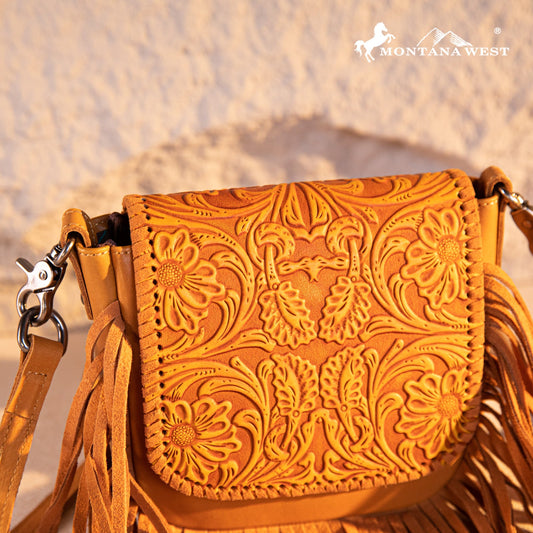 Montana West Genuine Leather Tooled Fringe Crossbody