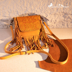 Montana West Genuine Leather Tooled Fringe Crossbody