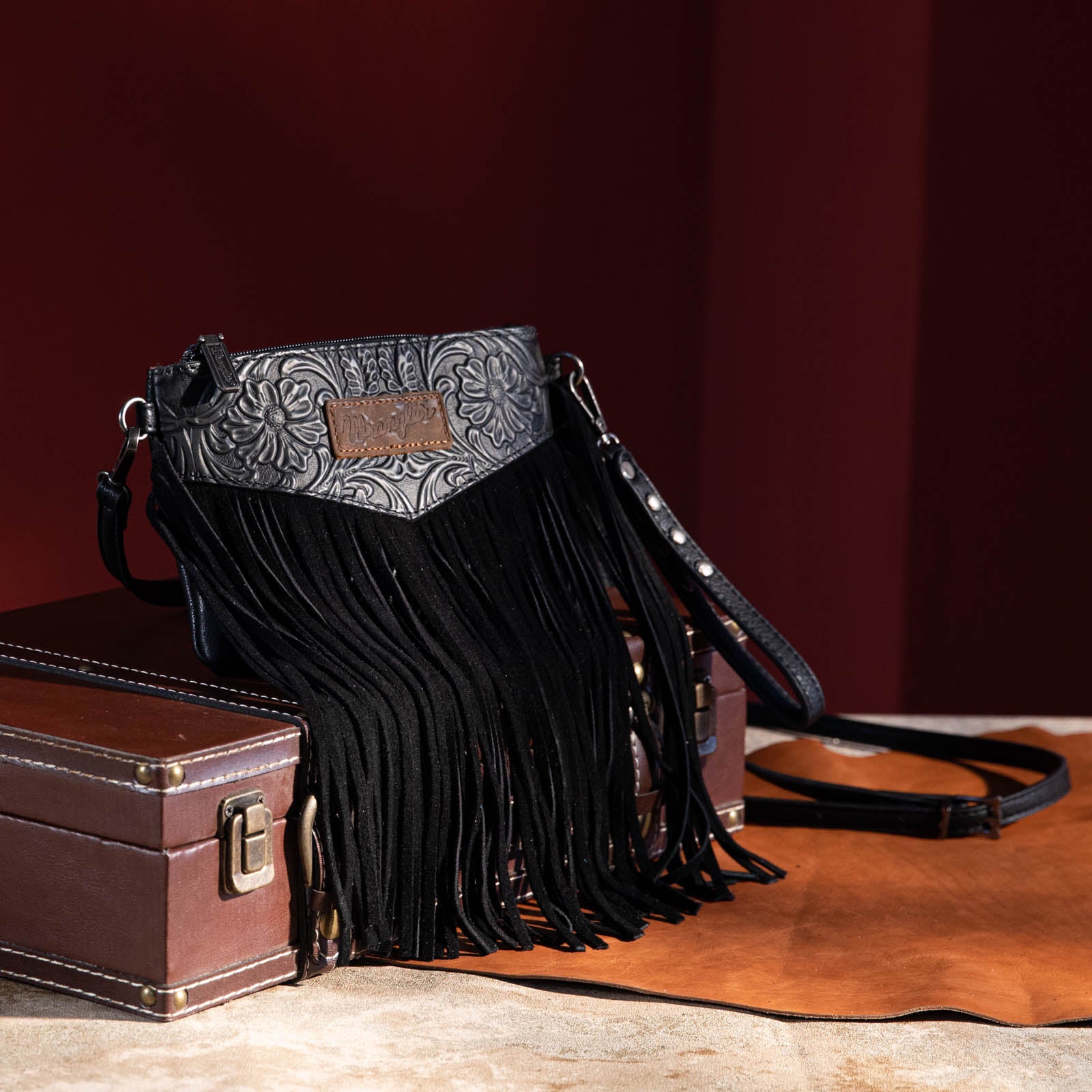 Wrangler Vintage Floral Tooled Collection Fringe Crossbody - Cowgirl Wear