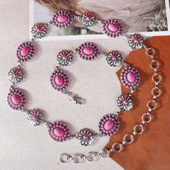 Rustic Couture Etched Oval Flower Stone Concho Link Chain Belt