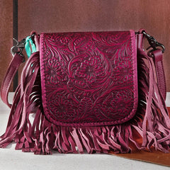 Montana West Genuine Leather Tooled Collection Fringe Crossbody