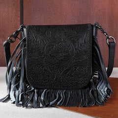 Montana West Genuine Leather Tooled Collection Fringe Crossbody