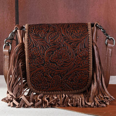 Montana West Genuine Leather Tooled Collection Fringe Crossbody