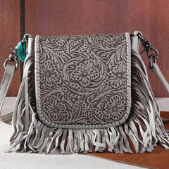 Montana West Genuine Leather Tooled Collection Fringe Crossbody