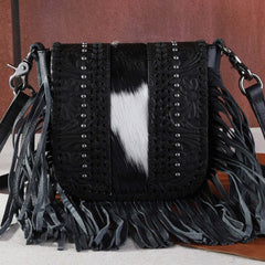 Montana West Genuine Leather Tooled Collection Fringe Crossbody