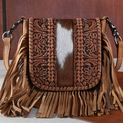 Montana West Genuine Leather Tooled Collection Fringe Crossbody