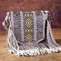 Montana West Genuine Leather Tooled Collection Fringe Crossbody