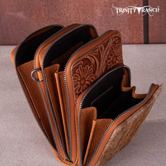 Trinity Ranch Genuine Hair-On Cowhide /Tooled  Collection Phone Purse with Coin Pouch