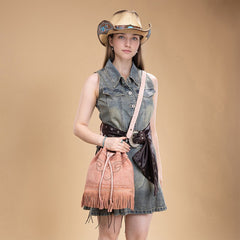 Montana West Boot Stitch Fringe Drawstring Crossbody Bag