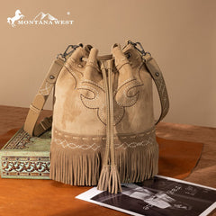Montana West Boot Stitch Fringe Drawstring Crossbody Bag