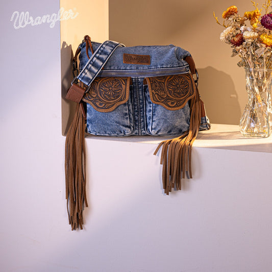 WG103-2009S Wrangler Fringe Floral Tooled  Denim Crossbody - Jean